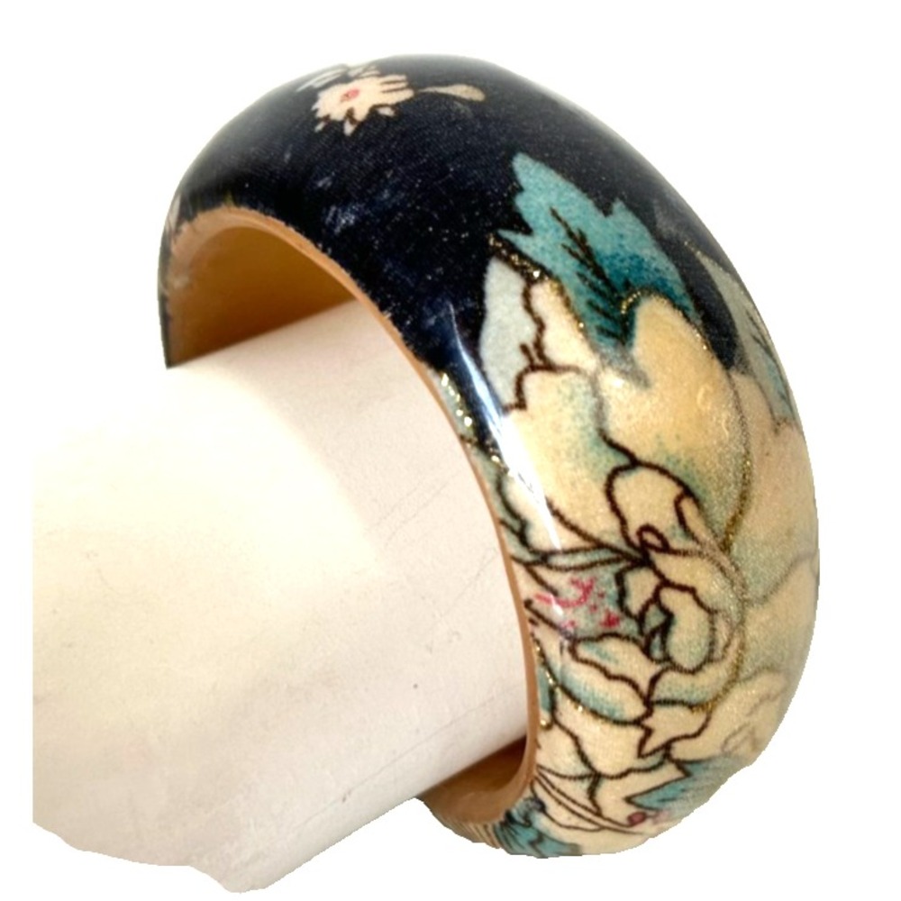 Vintage Russian Khokhloma Style Hand Paint Wood Bangle Bracelet Blue Gold Floral